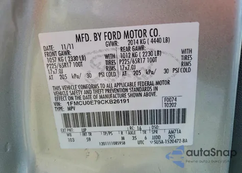 2012 Ford Escape Limited z USA, uszkodzony, nr VIN 1FMCU0E79CKB26191